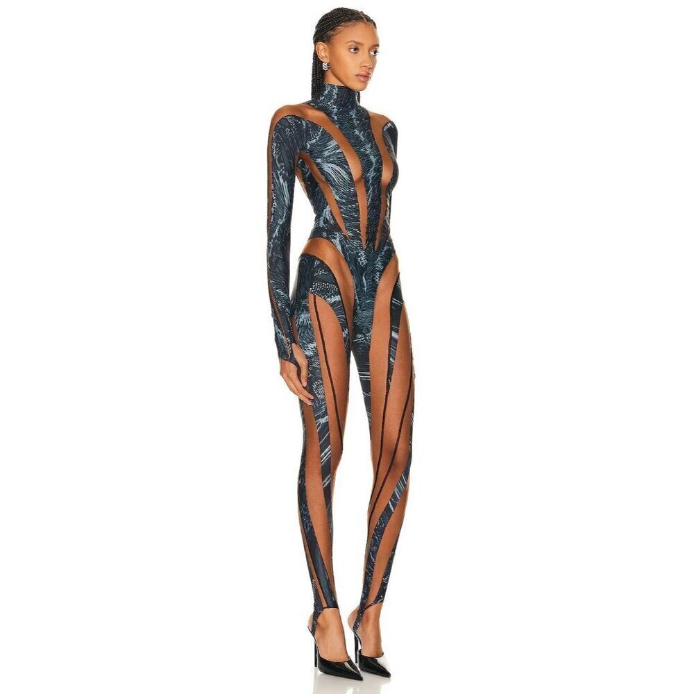 MUGLER Womens Long Sleeve Jumpsuit in Warped Snake Black Nude 34 New Catsuit - Picture 3 of 16
